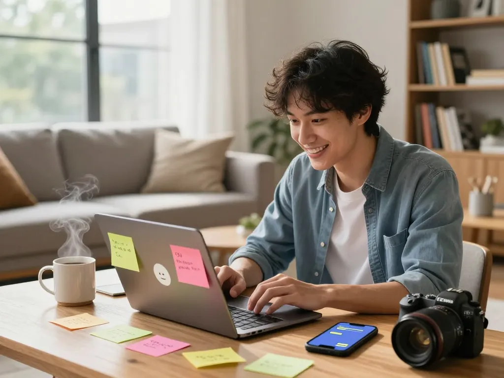 Happy young adult engaged in free ai sex chat using a laptop in a cozy living room.