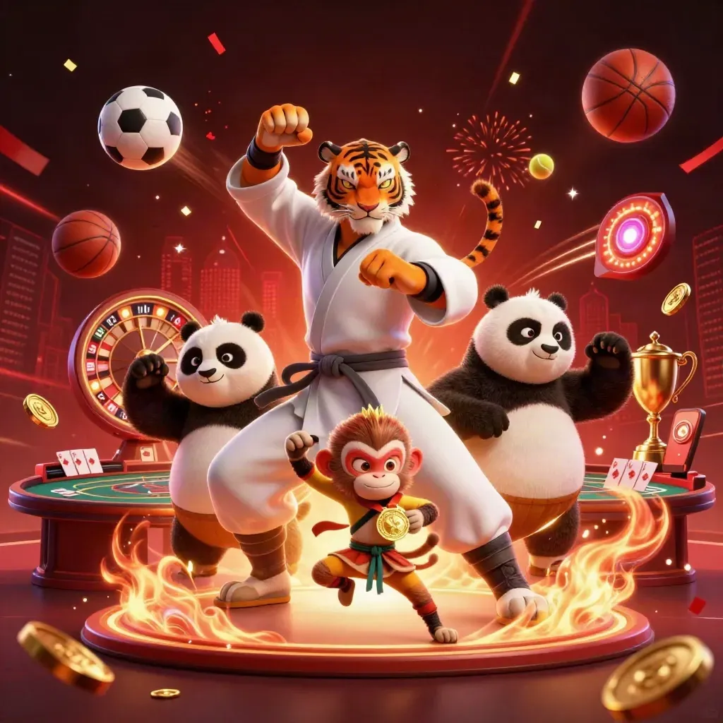 Kung-fu tiger, panda, and monkey in a fiery casino scene with coins, balls, wheel, and sparks