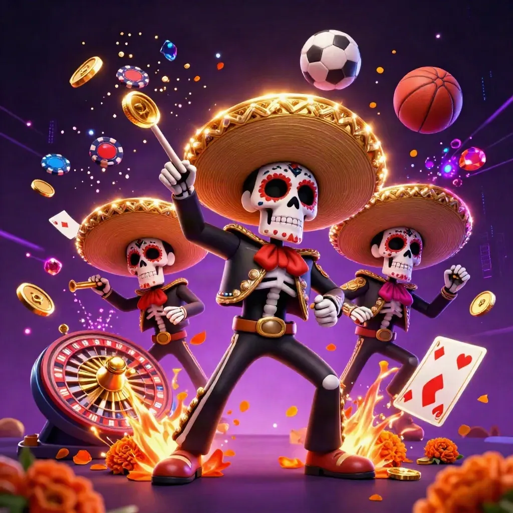 Skeleton mariachi trio amid coins, chips, roulette, cards, soccer ball and basketball in fiery neon casino art