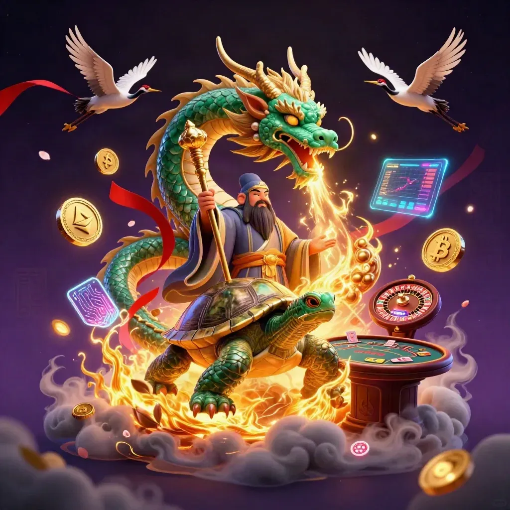 Jade dragon, turtle sage, and cranes amid gold fire, casino symbols, and magical neon energy.