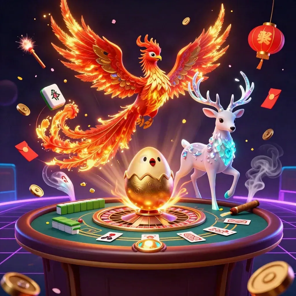 Phoenixes and a crystalline stag amid a luxe casino room with neon grid, lanterns, gold coins, and glowing cards