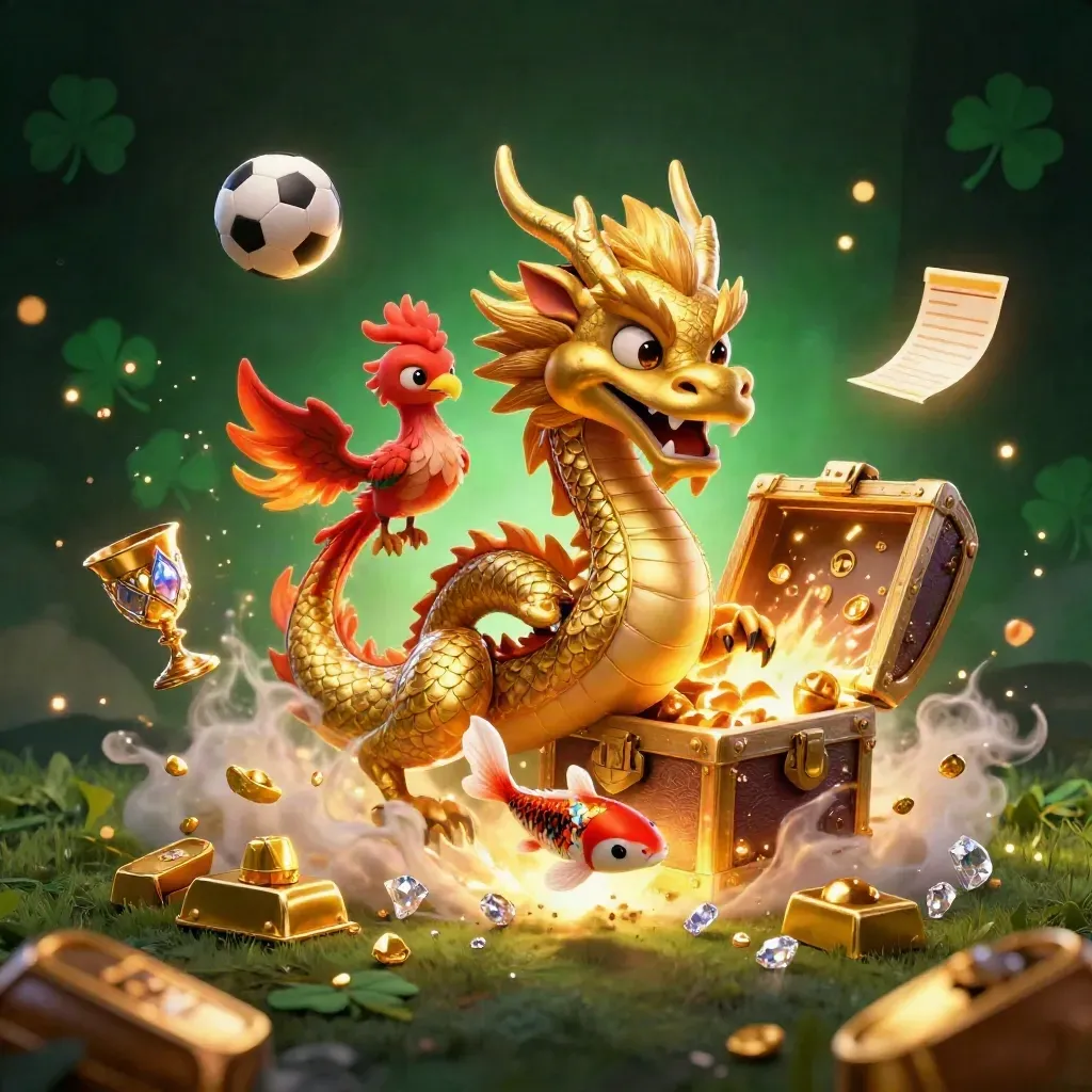 Golden dragon, phoenix and koi burst through treasure, with soccer and basketball in a fiery casino scene.