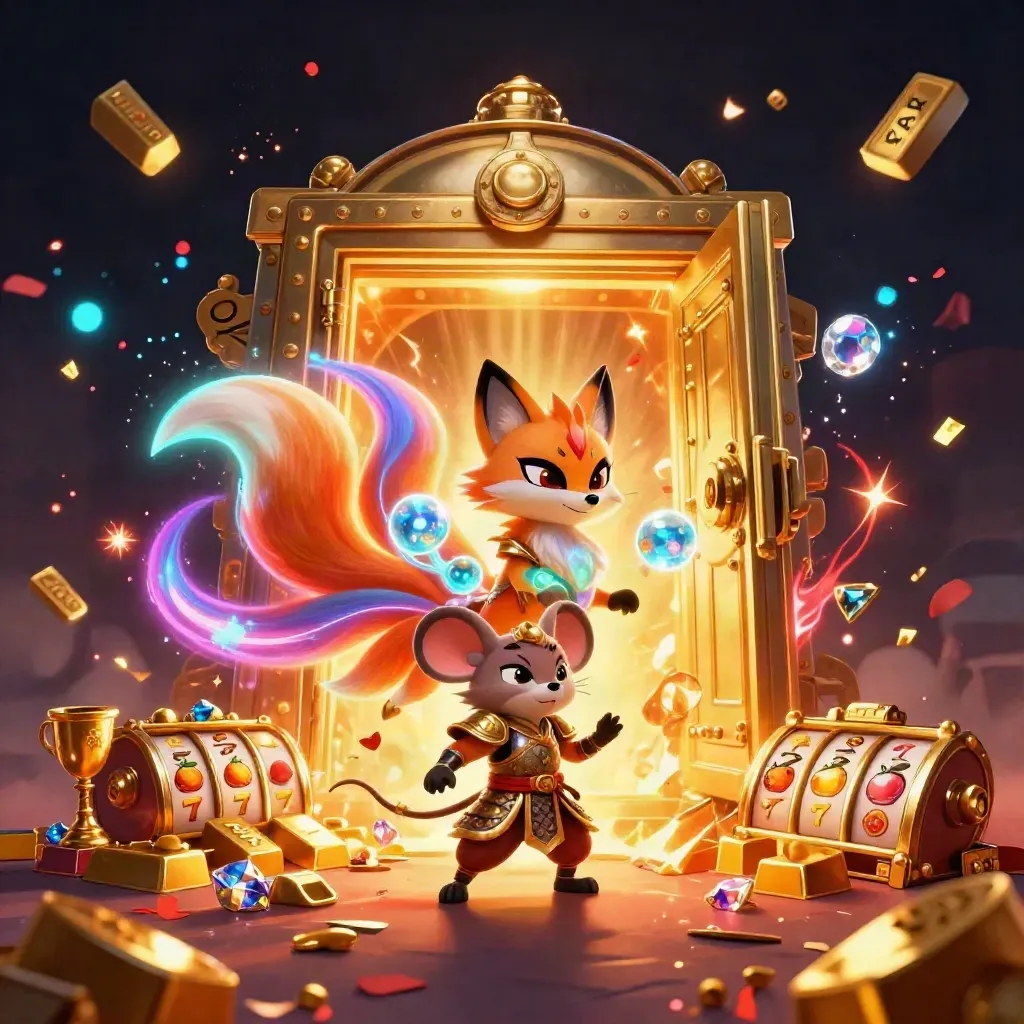 Nine-tailed fox spirit and armored mouse erupting from a gold vault with jewels, fire, and neon glow.