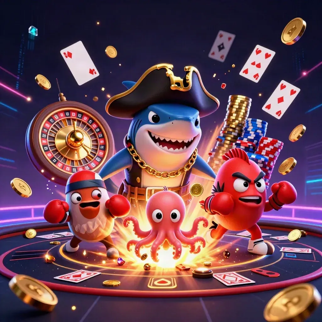 Pirate shark, boxing pufferfish, and coin-juggling octopus in a fiery casino burst.