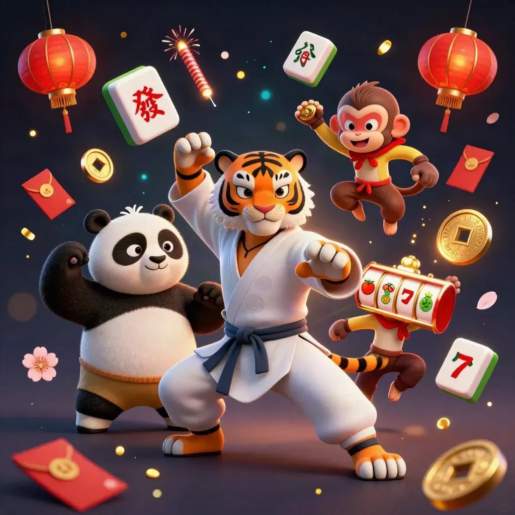 Tiger, panda, and monkey in a fiery casino key art scene with tiles, lanterns, coins, and slot symbols.