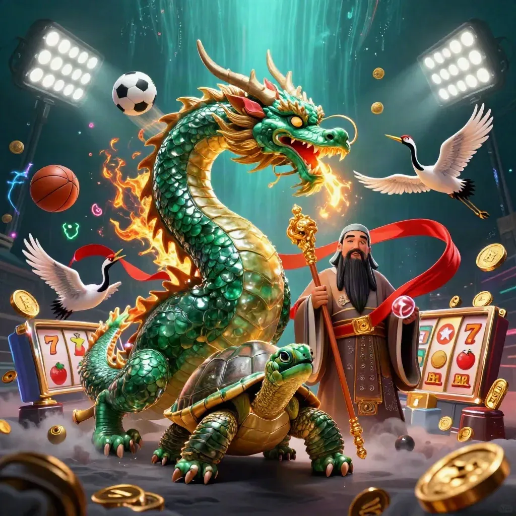 Emerald dragon with turtle sage and cranes amid casino fire, coins, reels, and neon energy.
