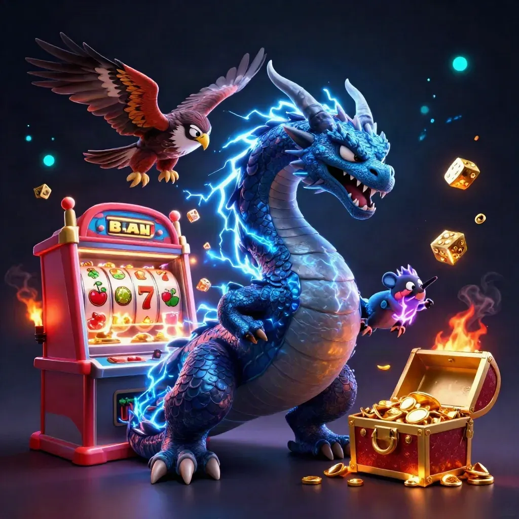 Thunder dragon, hawk, and mouse amid a jackpot slot blast with gold and lightning